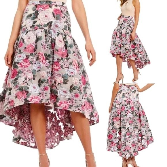 Badgley Mischka Embroidered Floral High Low High Hem Waist Formal Tulle Skirt 10